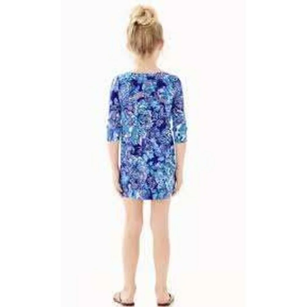 Lilly Pulitzer Dress XL 12-14 Blue Floral 3/4‎ Sleeve Gold Buttons Rayon Spandex